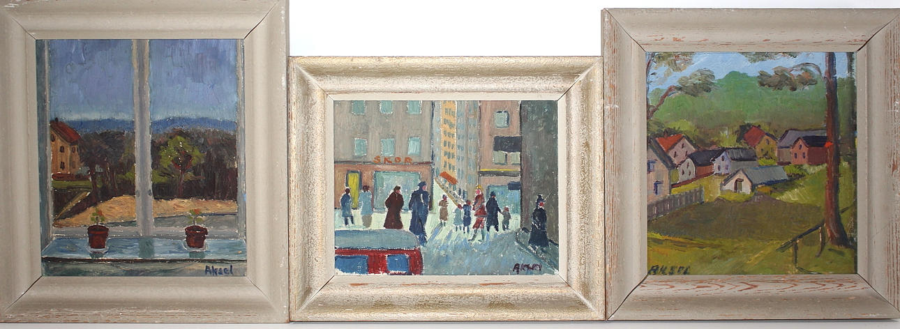 AKSEL LINDSTRÖM. olja på duk och pannå, 3 st, signerade Aksel.