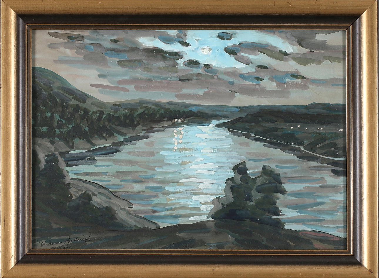 WILLIAM BODINGH. Landskap i månljus, akvarell, signerad.