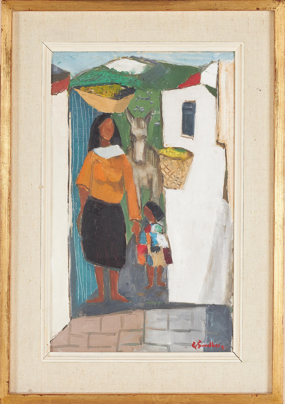 GUNNAR SUNDBERG. Street motif with mountains in the background, oil on canvas, signed.