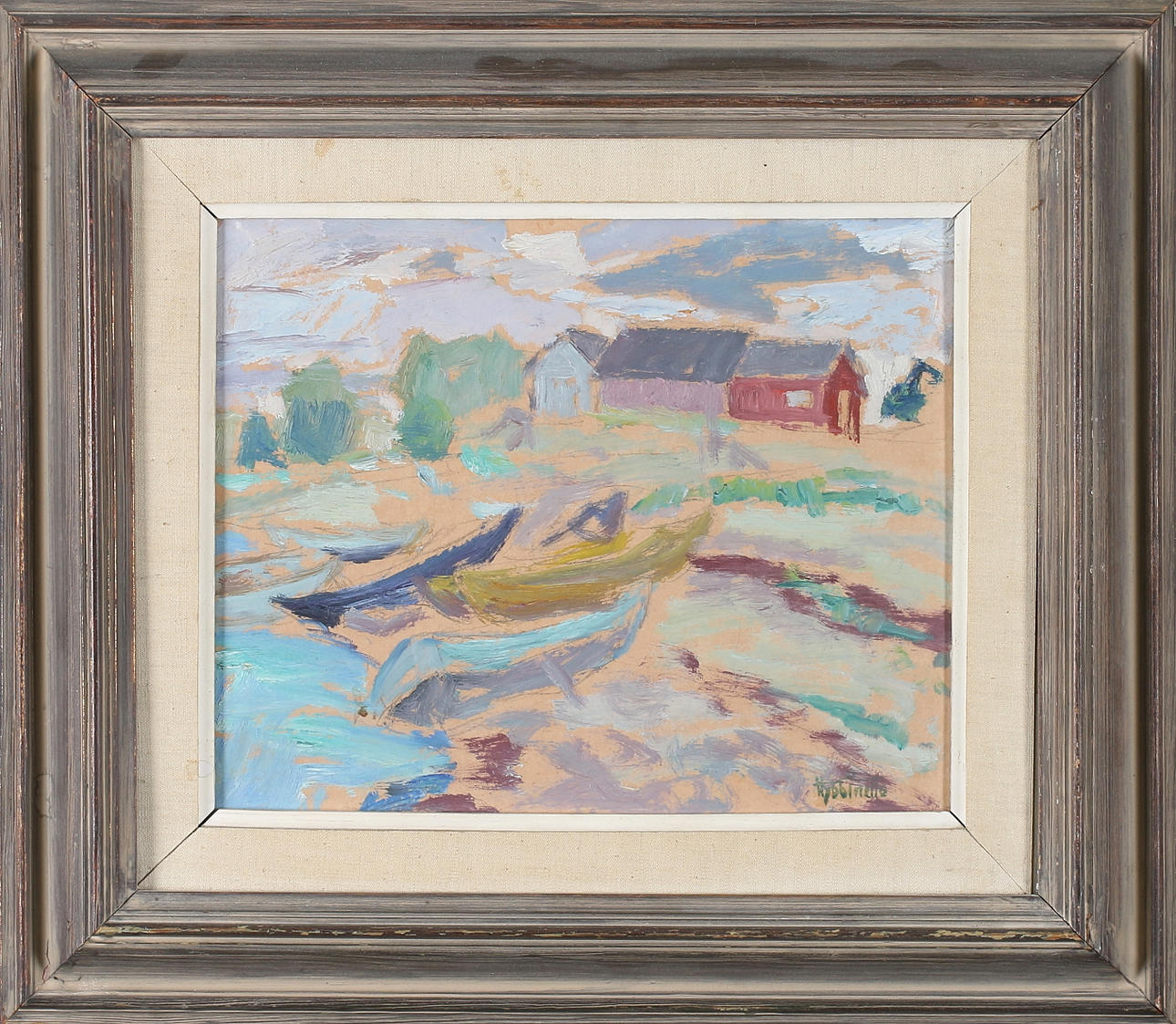 EVA HYBBINETTE. "Sjöbodar och båtar, byxelkrok", 0lja på pannå, signerad.