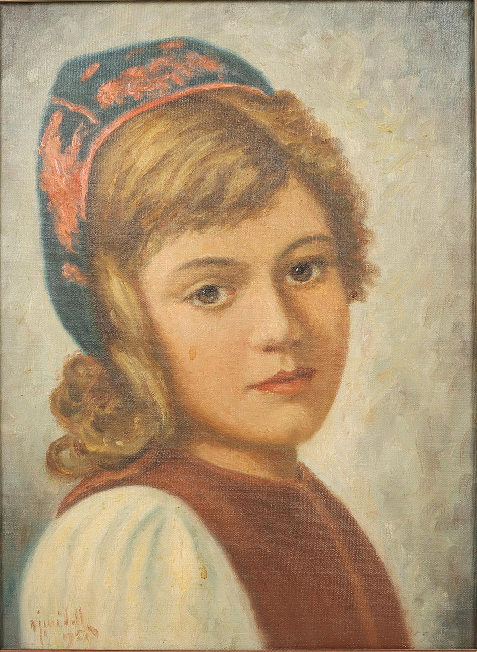 OLJA PÅ DUK, flicka med dalahätta, signerad.