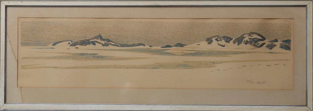 ROLAND SVENSSON. Färglitografi, Vintervik med berg. Signerad Roland S och numrerad 100/240.