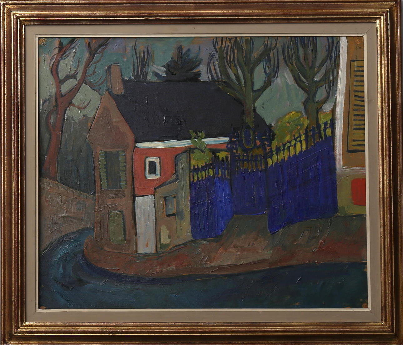 ANN MARIE EKBOM. Husgavel och blå port, oja på pannå. Signerad Ann-Marie Ekbom och daterad 50.