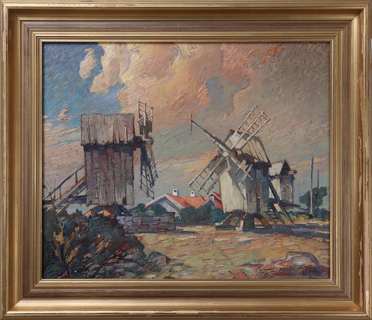 STIG JONZON. "Kvarnar: kvällsljus Vickleby", olja på pannå, signerad 1953.