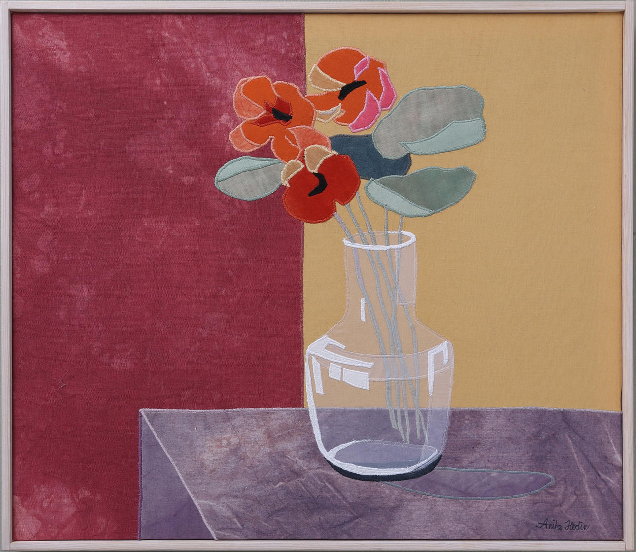 ANITA HEDIN. Blomsterstilleben, textil, signerad.