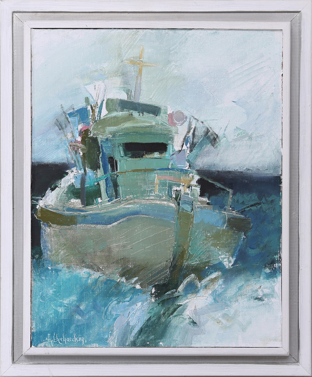 EBBE EBERHARDSSON. "Fiskebåt", olja på pannå, signerad.