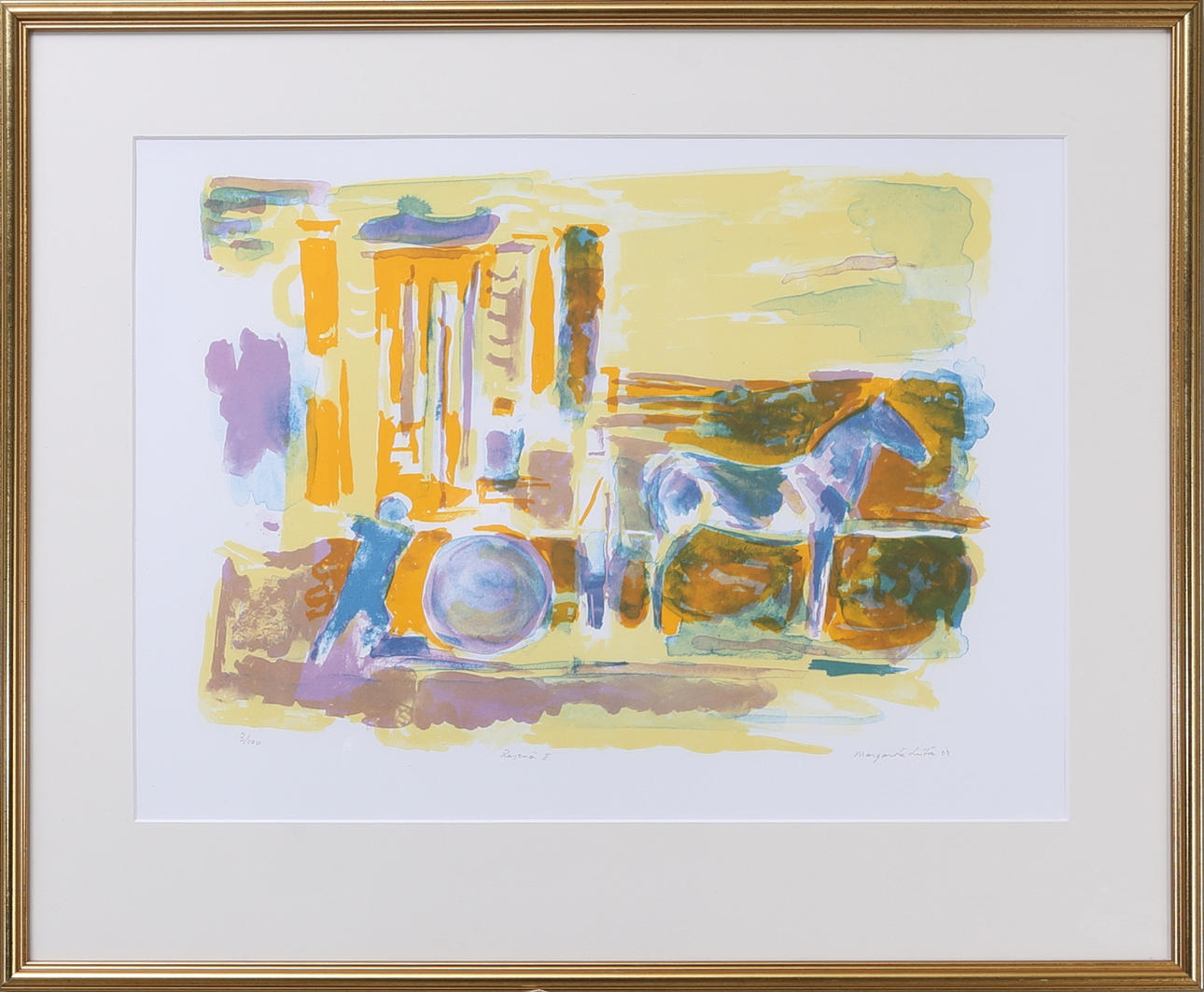 MARGARETA LINTON. Häst och vagn, färglitografi, numrerad 3/100, signerad.