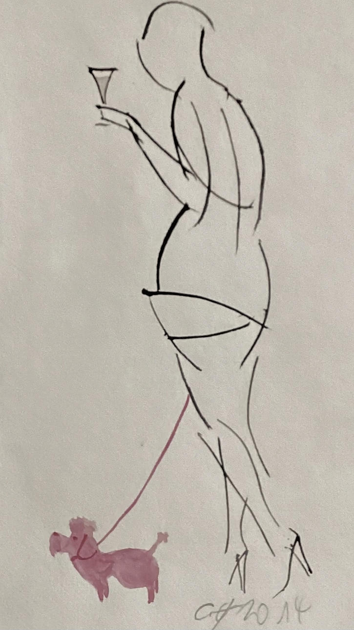 CORNELIA EFFNER. DAMA CON CANICHE, acuarela, 2014.