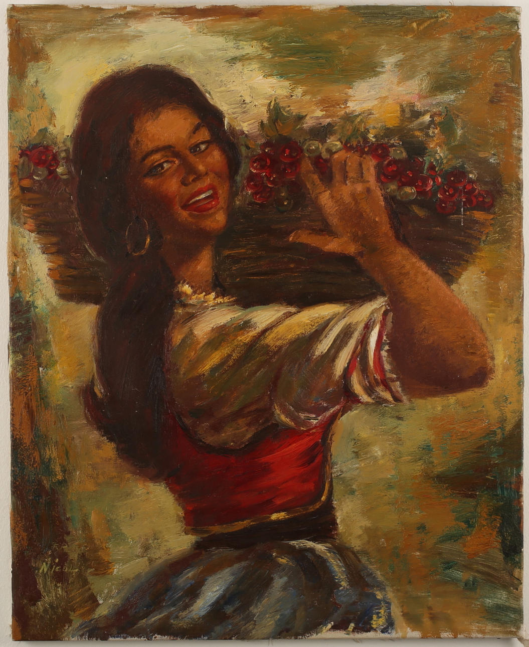 OIDENTIFIERAD KONSTNÄR, kvinna med korg signerad, Olja på duk.