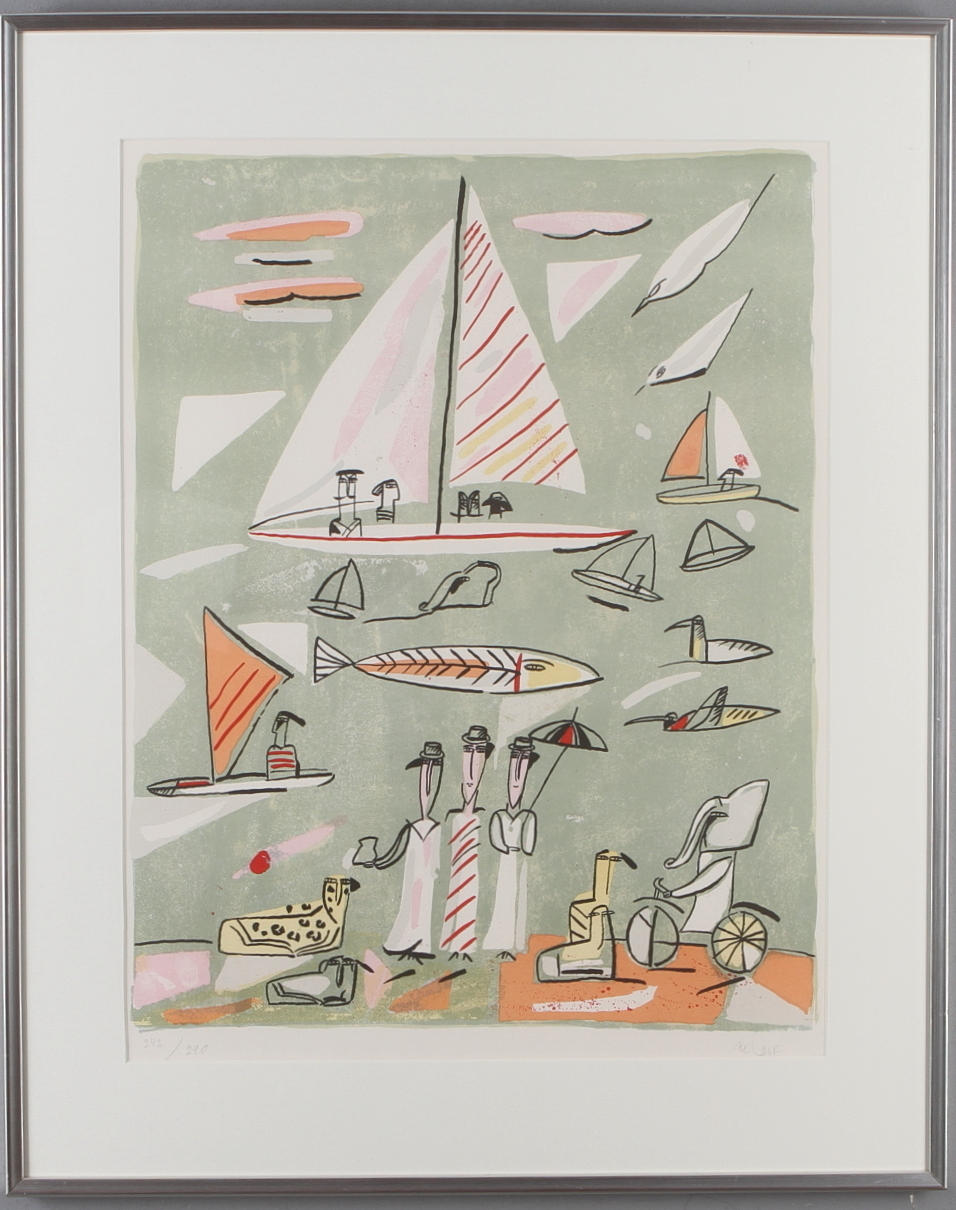 MADELEINE PYK. Komposition med segelbåtar, färglitografi, signerad och numrerad 242/290.