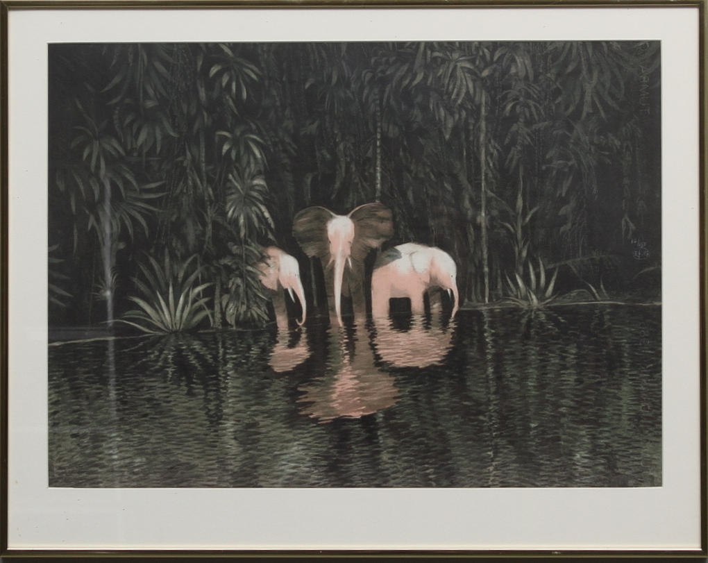 ROJ FRIBERG. Elefanter vid vattenbryn. Litografi. Signerad, numrerad och daterad -87.