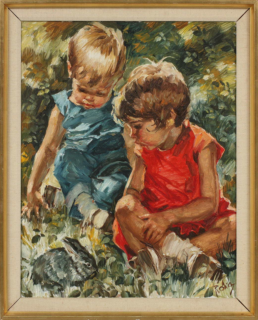 CHARLES ROKA. Barn och kanin, olja på duk, signerad.