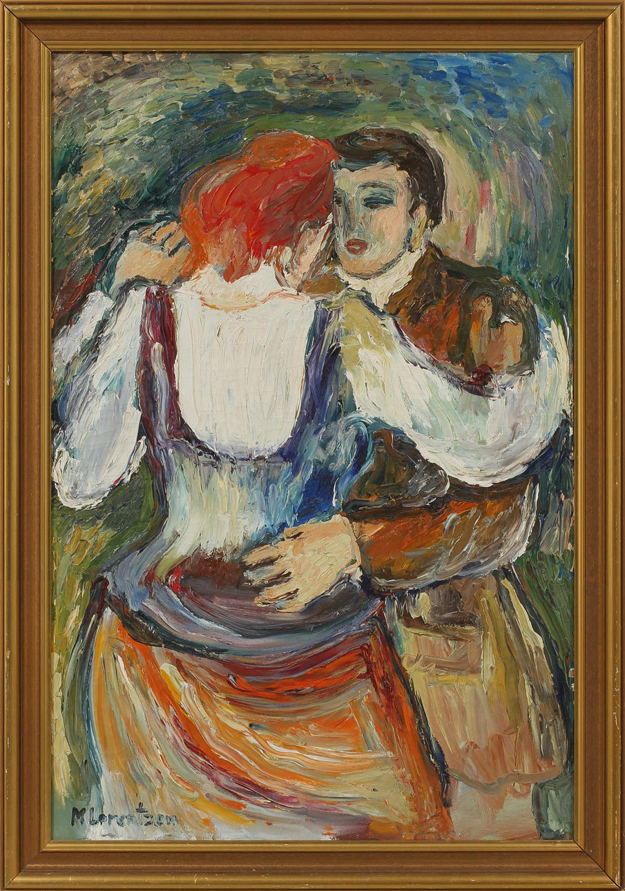 MONICA LORENTZON. Folkdans, olja på duk, signerad.