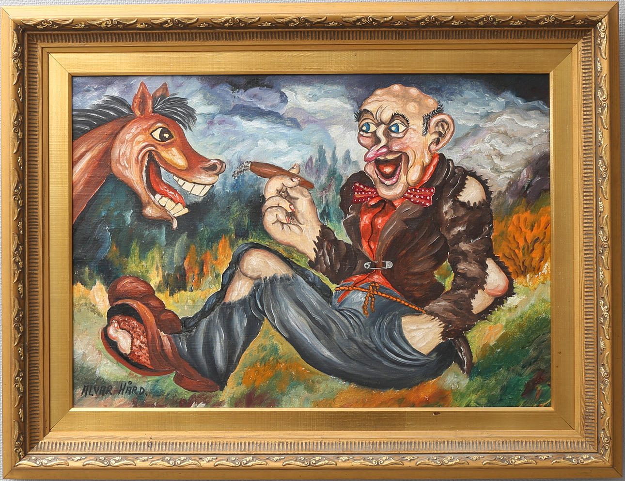 ALVAR HÅRD. Cigarrökande gubbe och skrattande häst. Olja på duk, signerad.