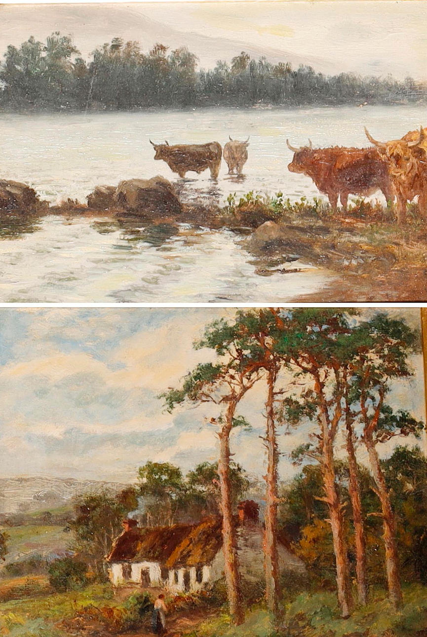 DIXON CLARK ( 1849 -1944) ENGELSK MALER. Attributed to. Landscape with thatched house and Scottish Highland cattle by a river. Unsigned. Oil on plate. (2nd).