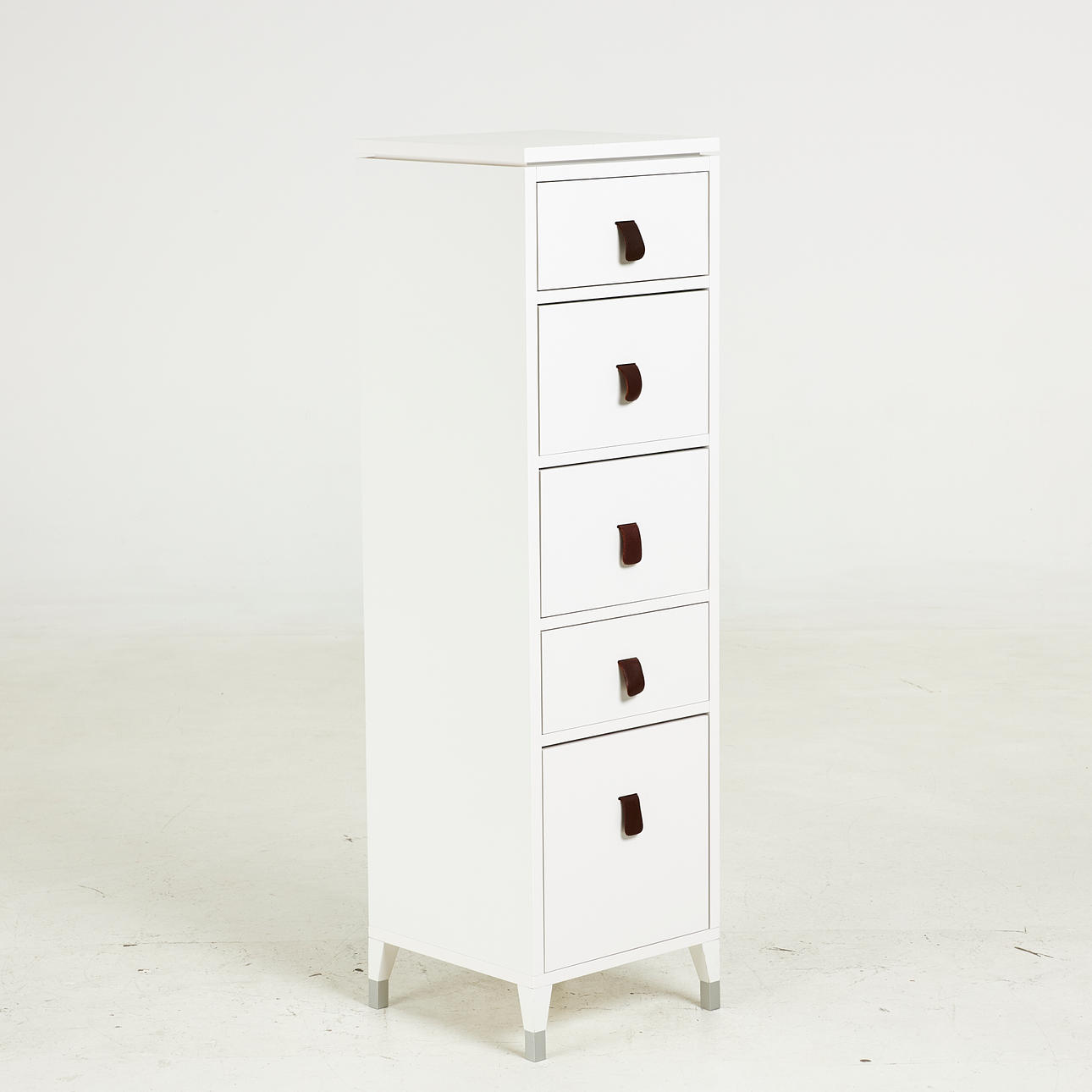 SABINA GRUBBEON. Chest of drawers, “Abisko”, Mavis, five drawers, lacquered mdf and laminated birch, leather pull handles, contemporary.