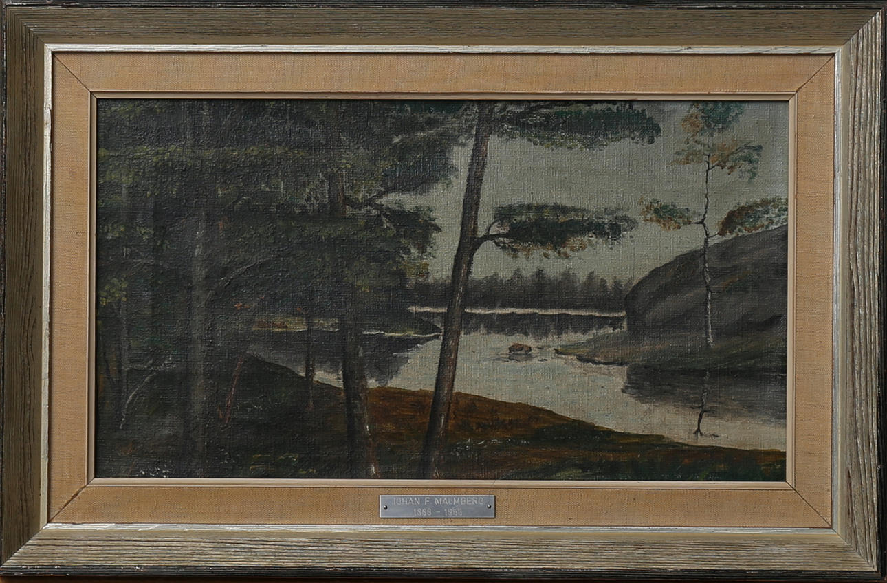 JOHAN F MALMBERG. Insjölandskap, olja på duk, osignerad.