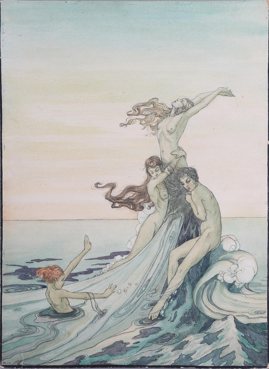 OIDENTIFIERAD KONSTNÄR. Havsnymfer, blandteknik, monogramsignerad samt daterad 1921.