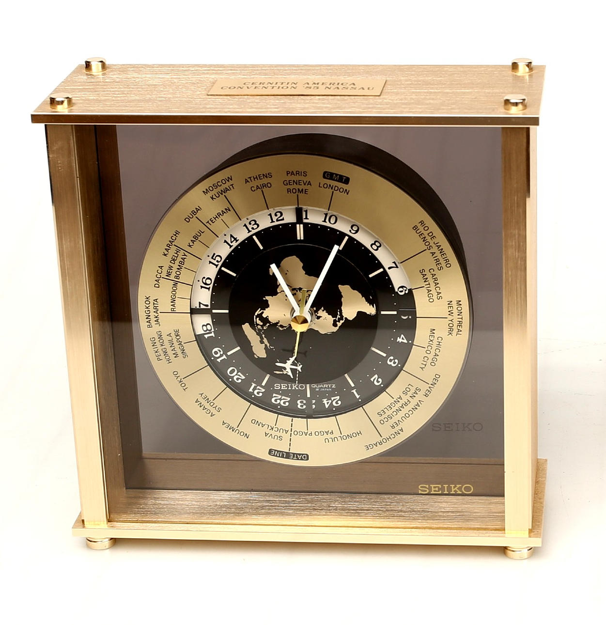 TISCHUHR, Messing, Weltzeituhr, Seiko.