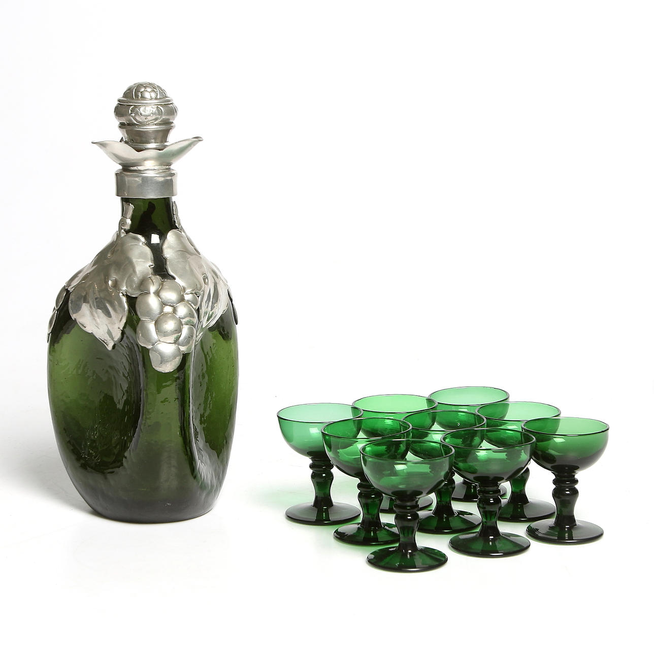 LIKÖRSERVIS, 10 delar, glas och tenn, Art Deco, Danmark.