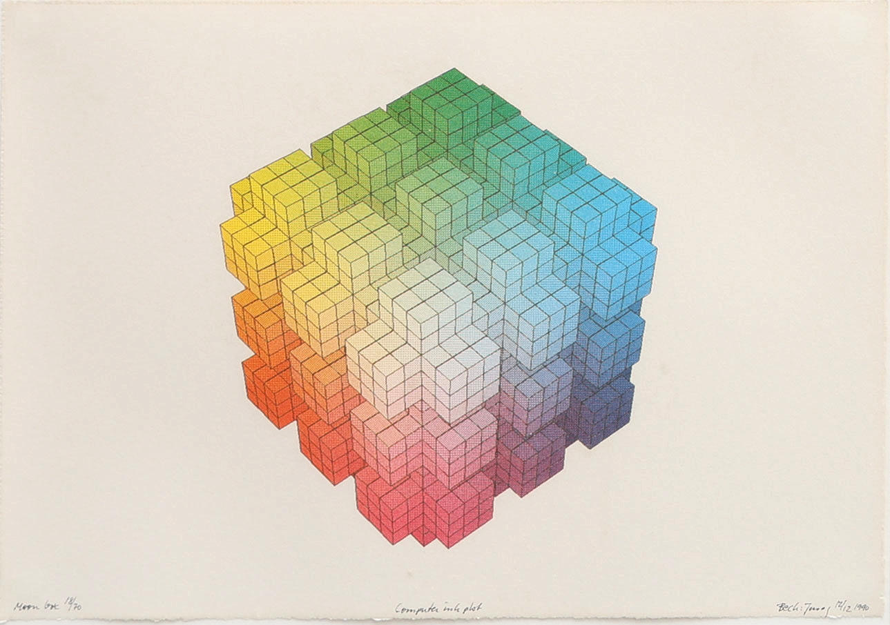 BECK & LJUNG. COLOUR LITHOGRAPH, “MOON BOX”, COMPUTER INK PLOT, NUMBERED 18/70, SIGNED AND DATED 1990.
