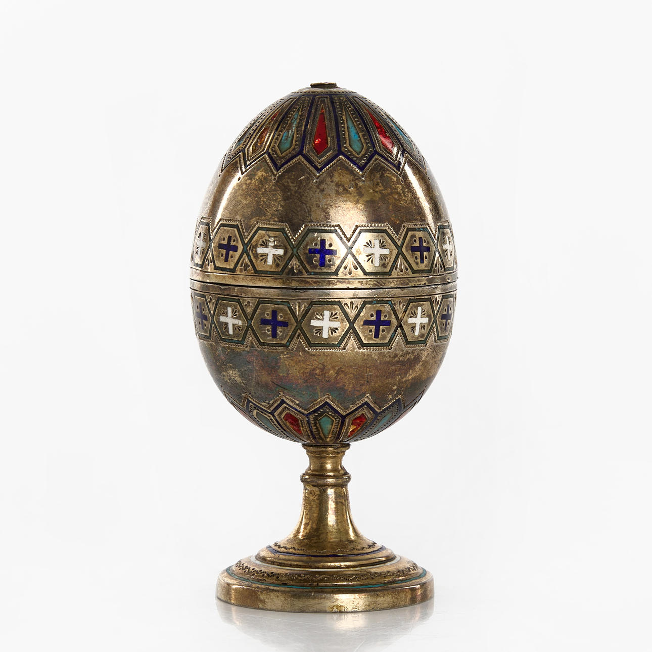 REISE-EIERBECHER, 1 Paar, Silber, Emaille, vermutlich Russland.