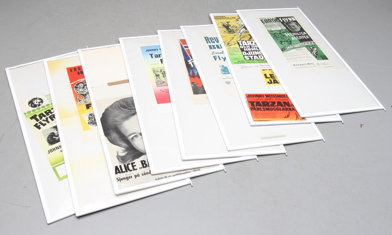 FILMAFFISCHER, 16 st, mestadels Errol Flynn och Jonny Weismuller, 1900-talets andra hälft.