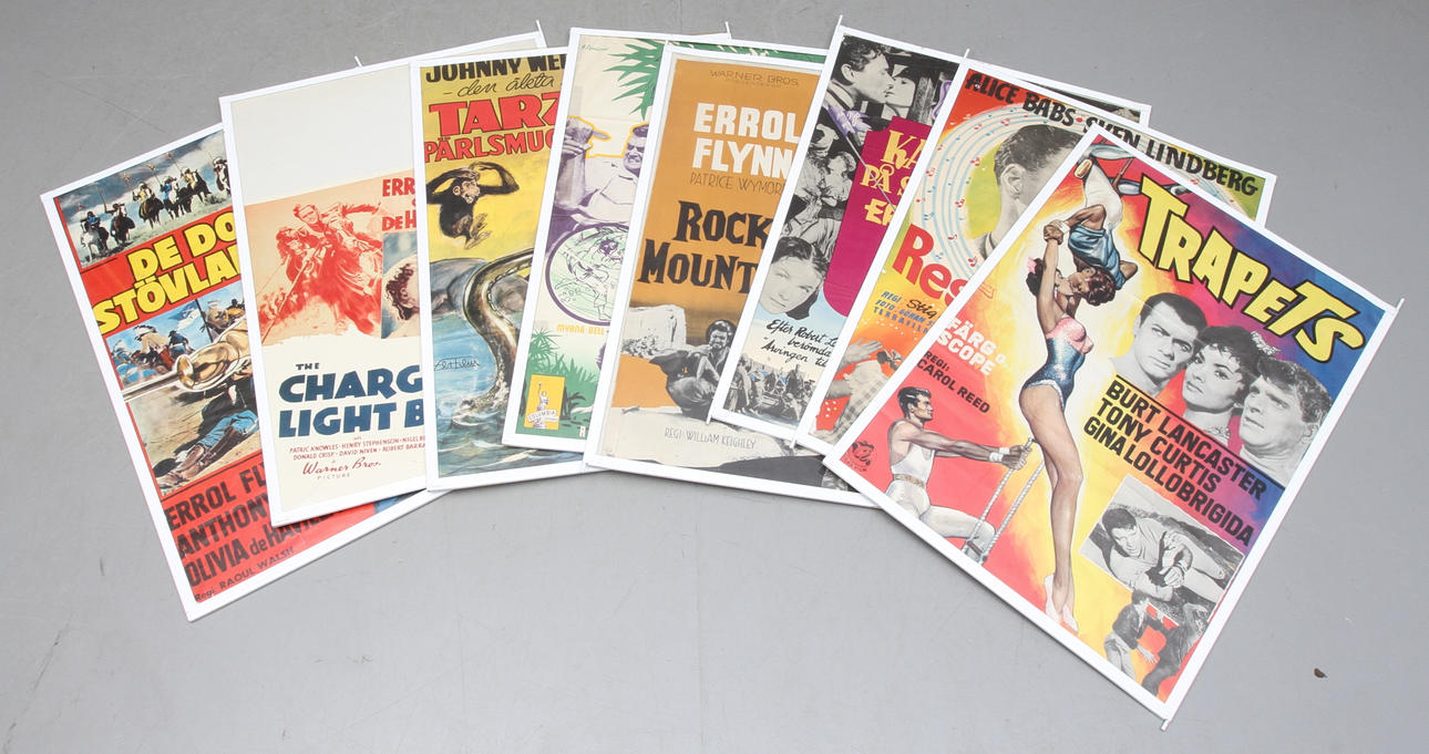 FILMAFFISCHER, 17 st, mestadels Errol Flynn och Jonny Weismuller, 1900-talets andra hälft.