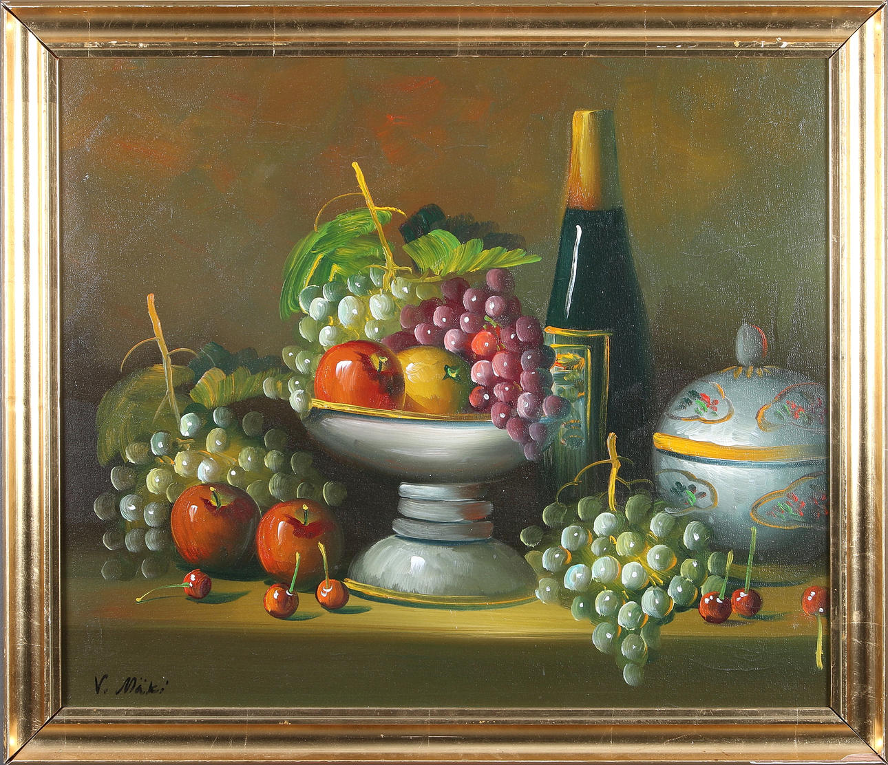VIENO MÄKI. Fruktstilleben, olja på duk, signerad V. Mäki.