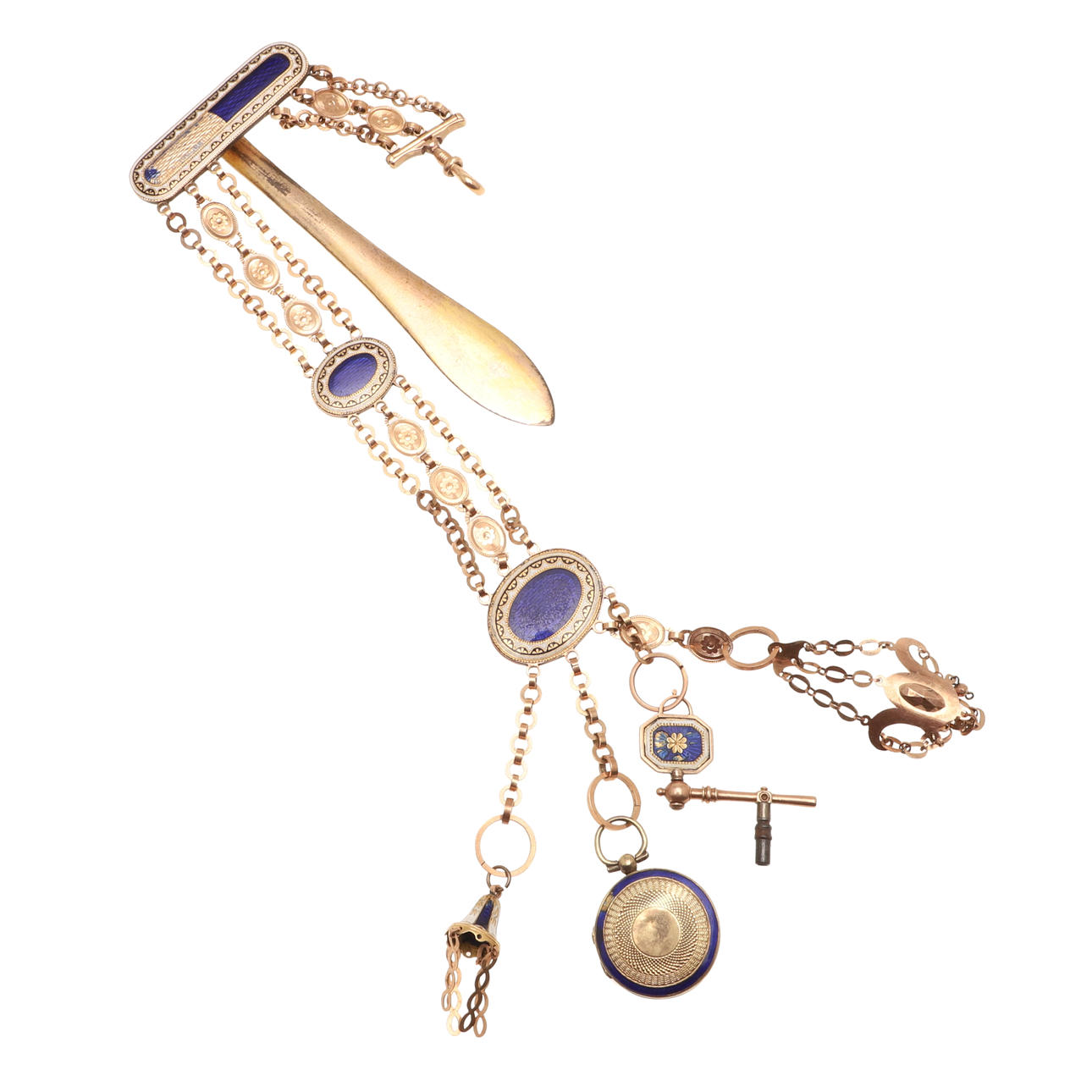 EINE CHATELAINE AUS DEM 19. JAHRHUNDERT AUS GOLD UND EMAILLE.