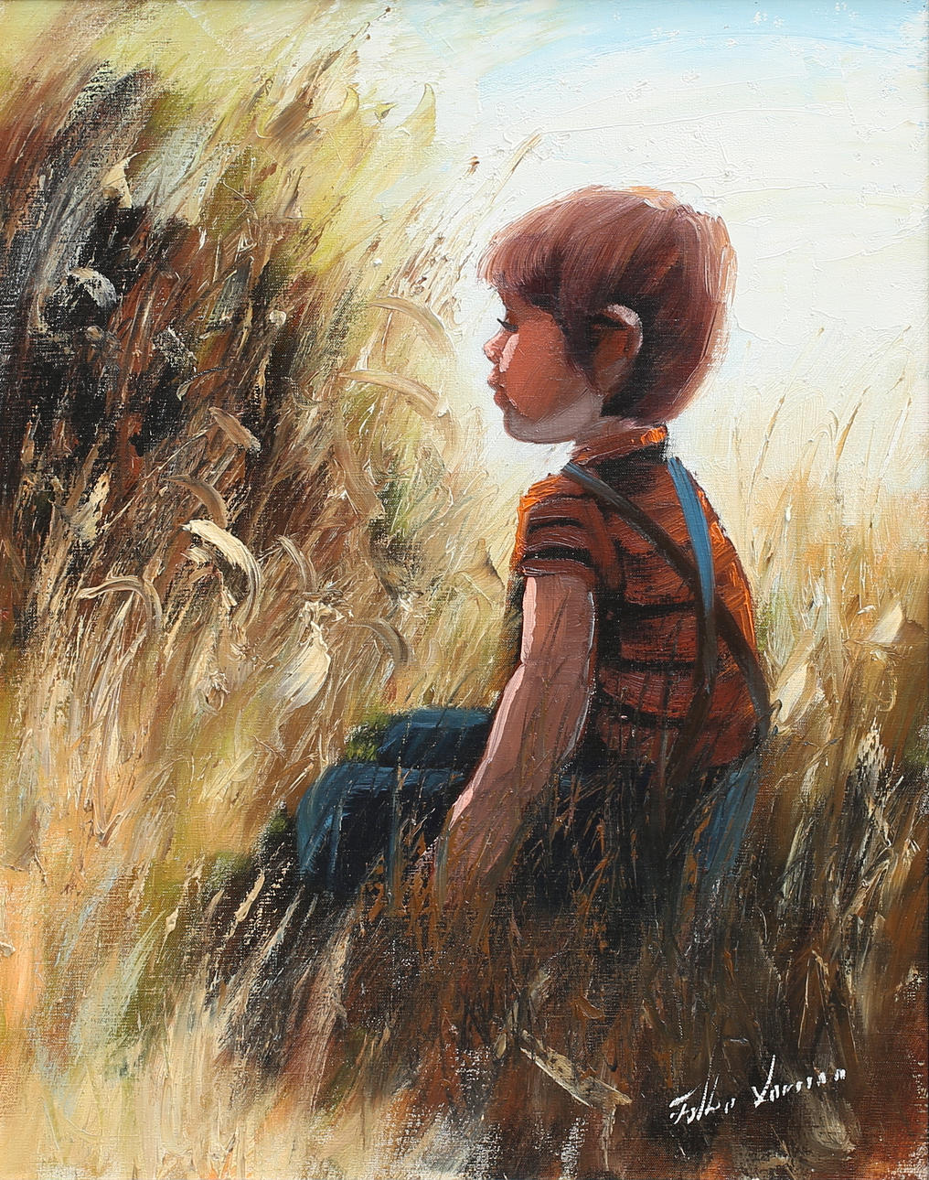 FOLKE LARSSON. Pojke på äng. olja på duk, signerad.