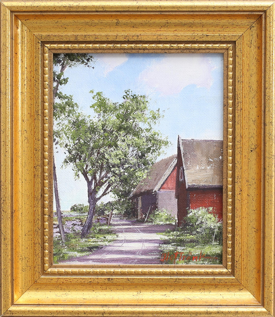 OLOF TRÄNK. "Lador vid väg, Öland". Olja på pannå, signerad.