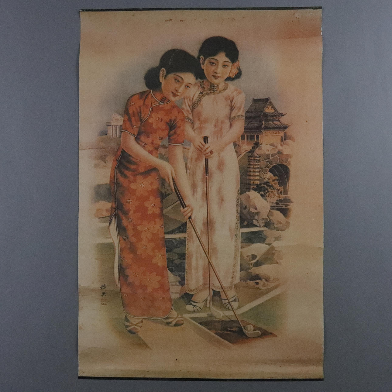 Kina reklamaffisch, ”2 damer spelar golf”.