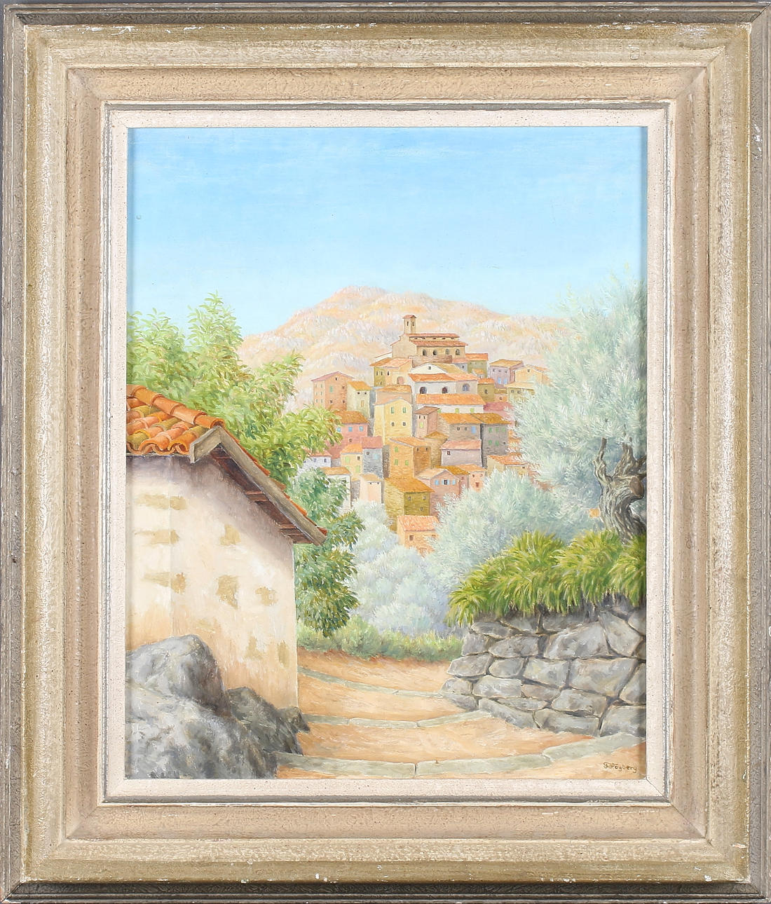 FRITZ HÖGBERG. "Vy över Anticoli-Corrado, Italien - utsikt från min ateljé", olja på pannå, signerad.