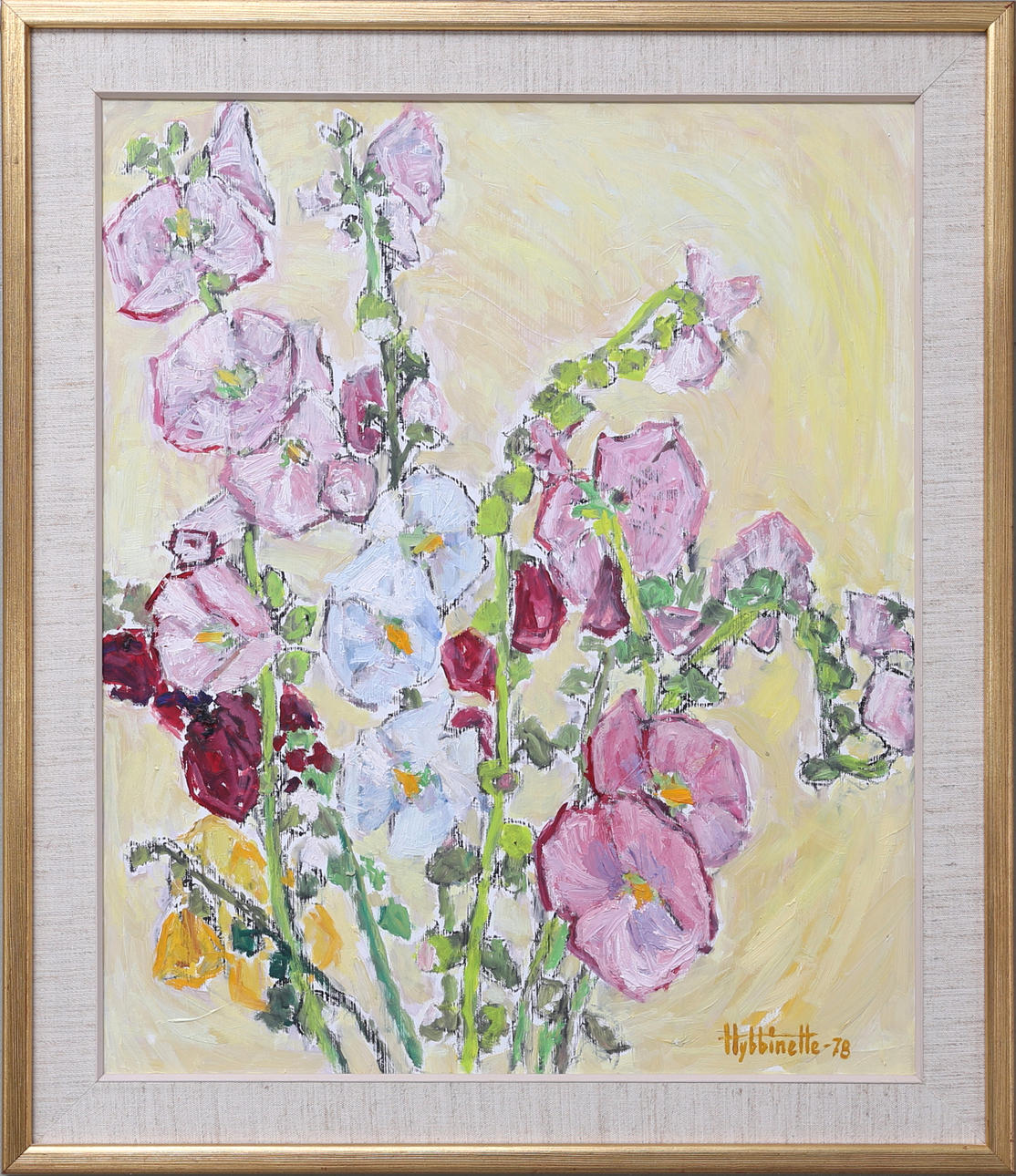 EVA HYBBINETTE. Stockrosor, olja på pannå, signerad och daterad -78.