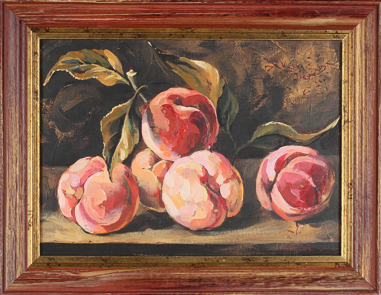 LARA SIMONOF. Persikor, akryl på pannå, signerad.