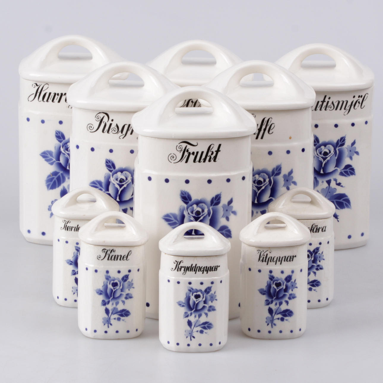 KRYDDBURKAR, porslin, 11 delar, "Flora", 1900-tal.