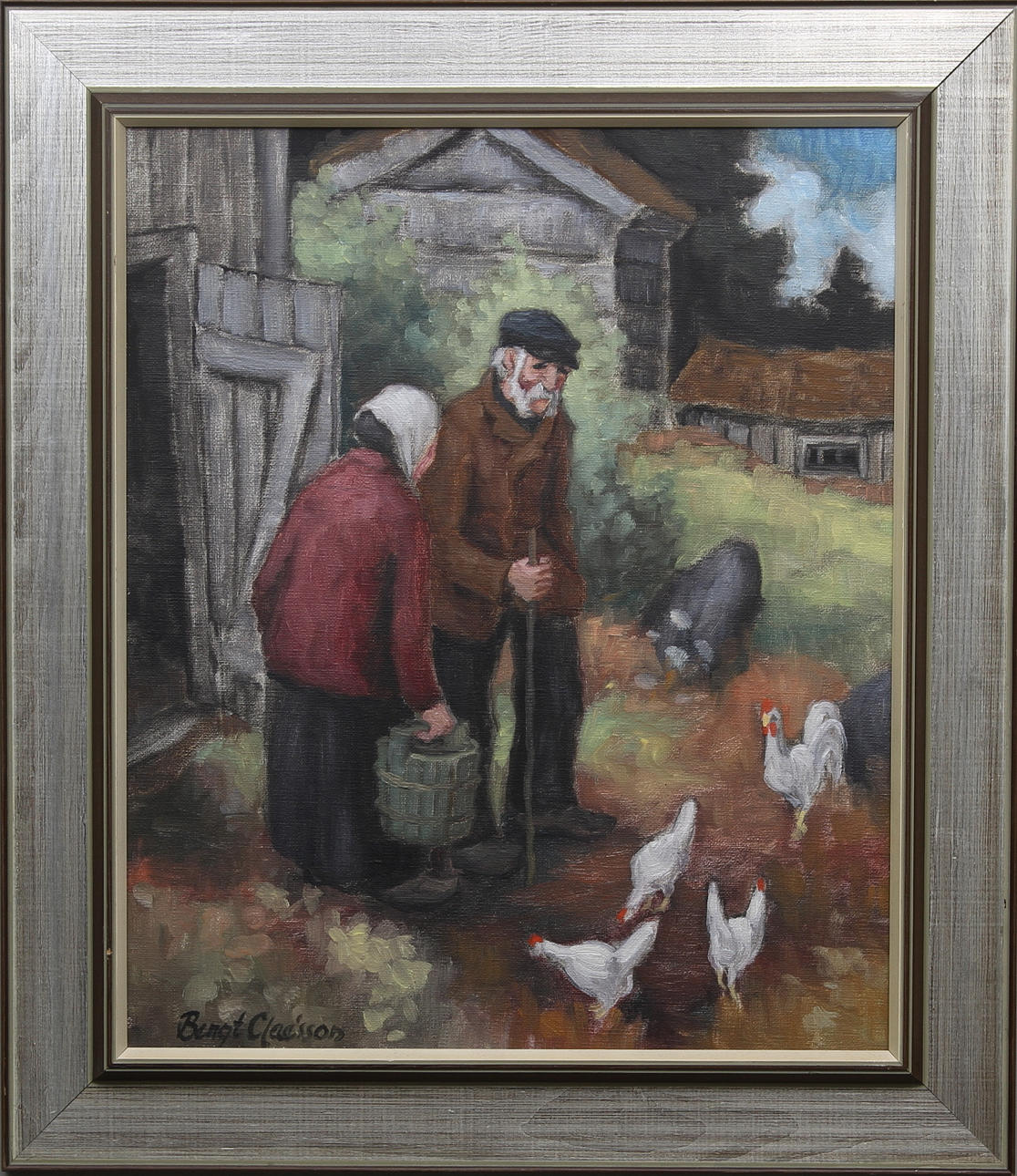 BENGT CLAÉSSON. "Sysslor hos hönsen". Olja på duk, signerad.