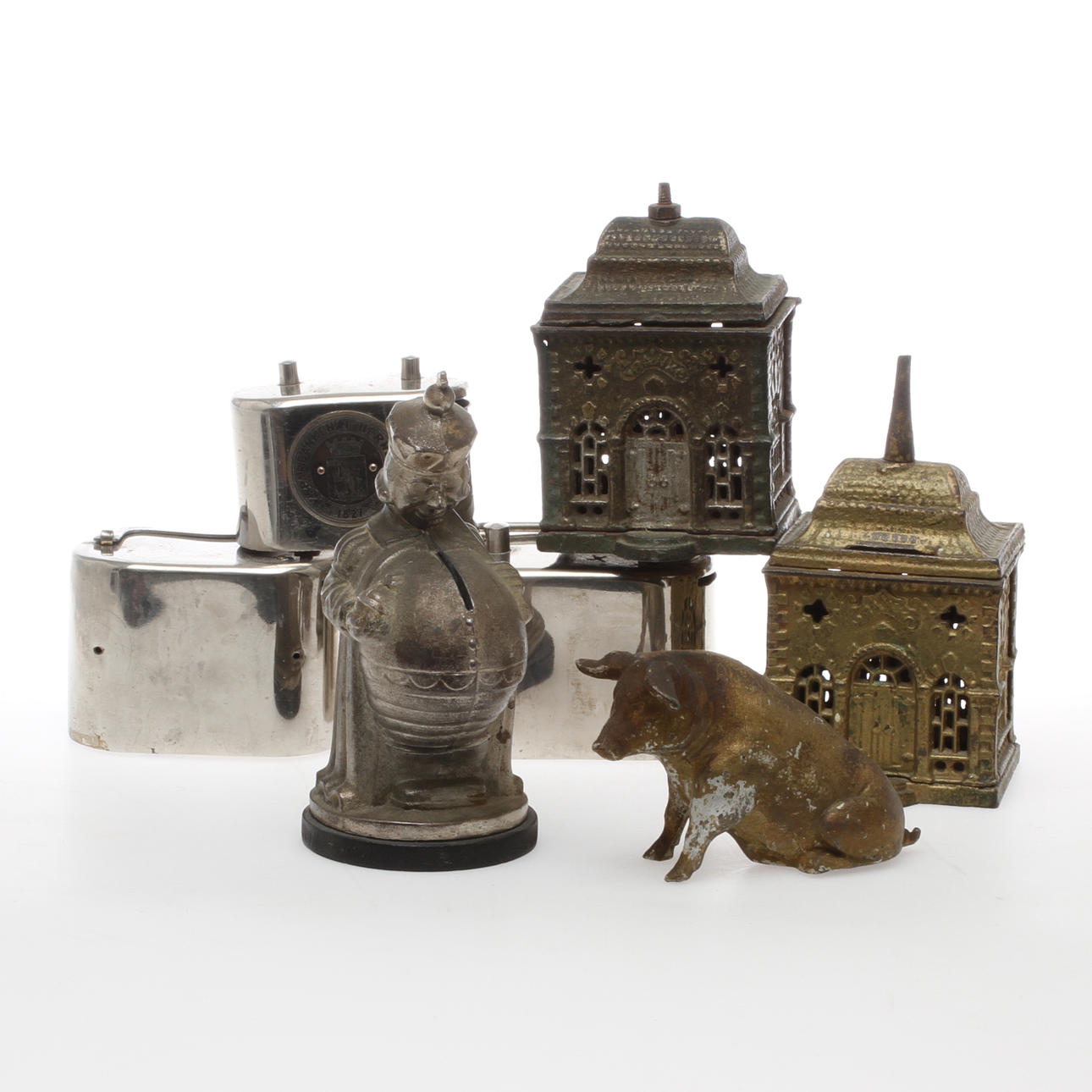 SPARBÖSSOR, 7 st, metall, 1800/1900-tal.