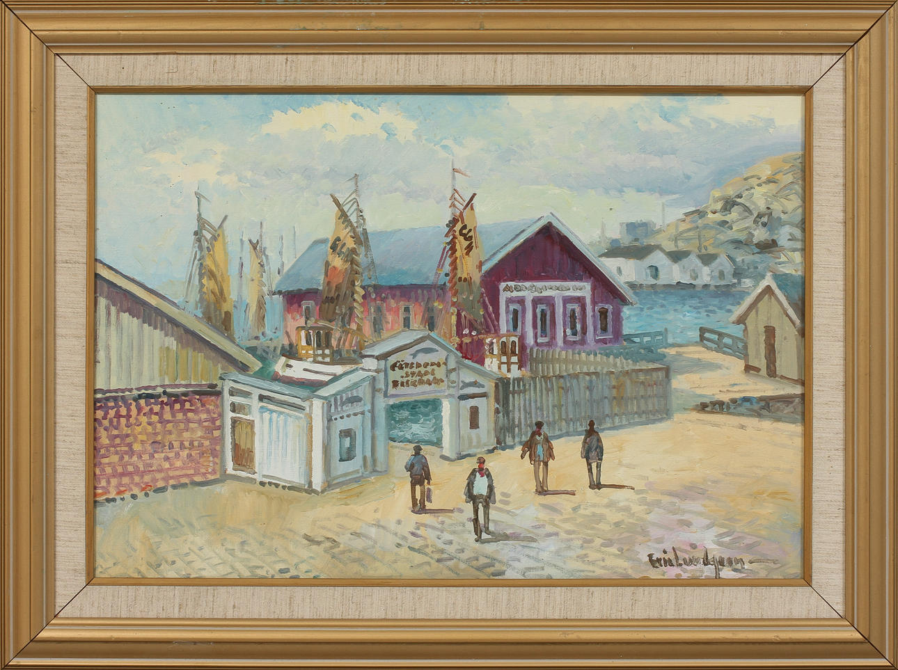 ERIC LUNDGREN. Göteborgs fiskhamn, olja på duk, signerad.