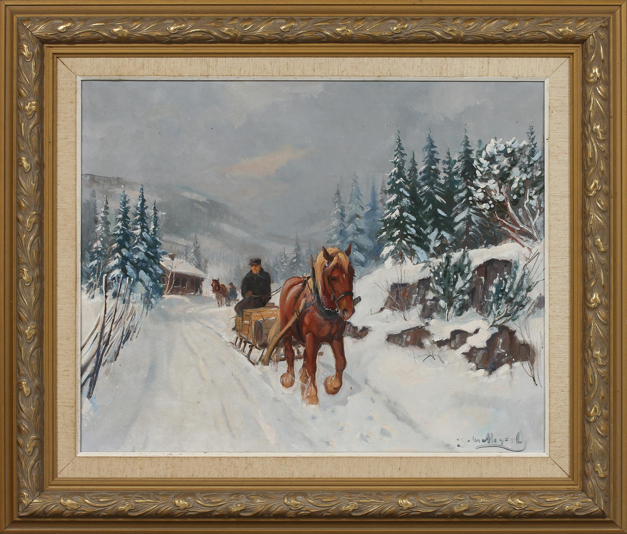 JOHAN MEYER ANDERSEN. Hästar i landskap, olja på duk, signerad.