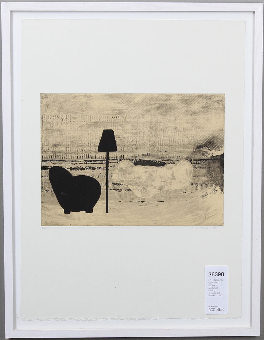LG LUNDBERG. Motiv med b.la. fåtölj och golvlampa. Etsning, signerad och numrerad 3/20.