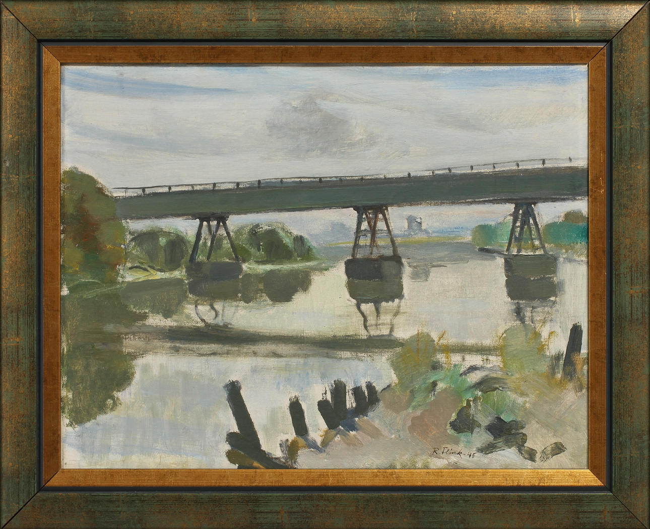 RUDOLF FLINK. "Säveån med gasklockan", olja på duk, signerad samt daterad 45.