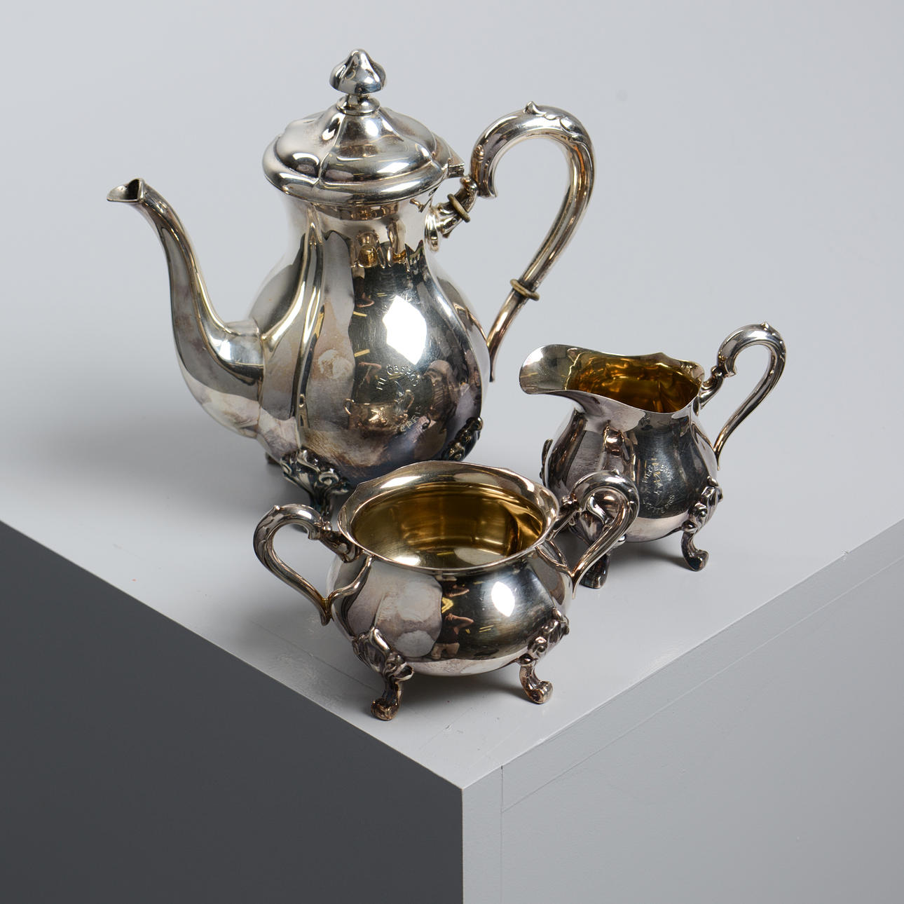 A coffee set, 3 pieces, silver, rococo style, 20th century.