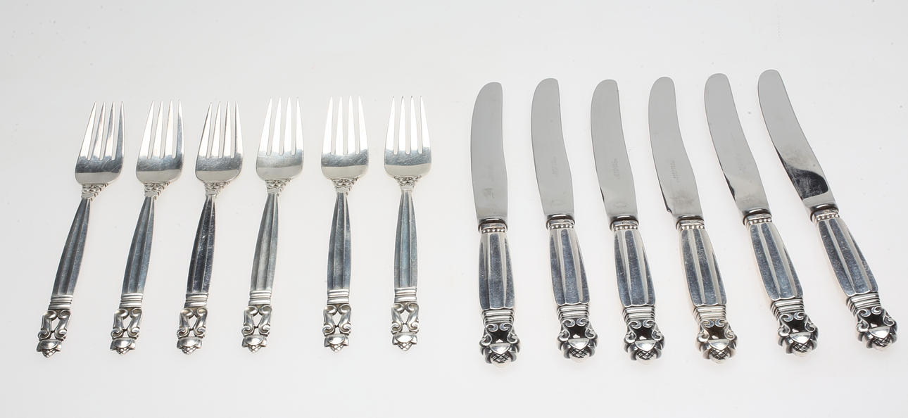 SMÖRGÅSBESTICK, 12 delar, "Konge Acorn", Johan Rohde för Georg Jensen, 1900-tal.