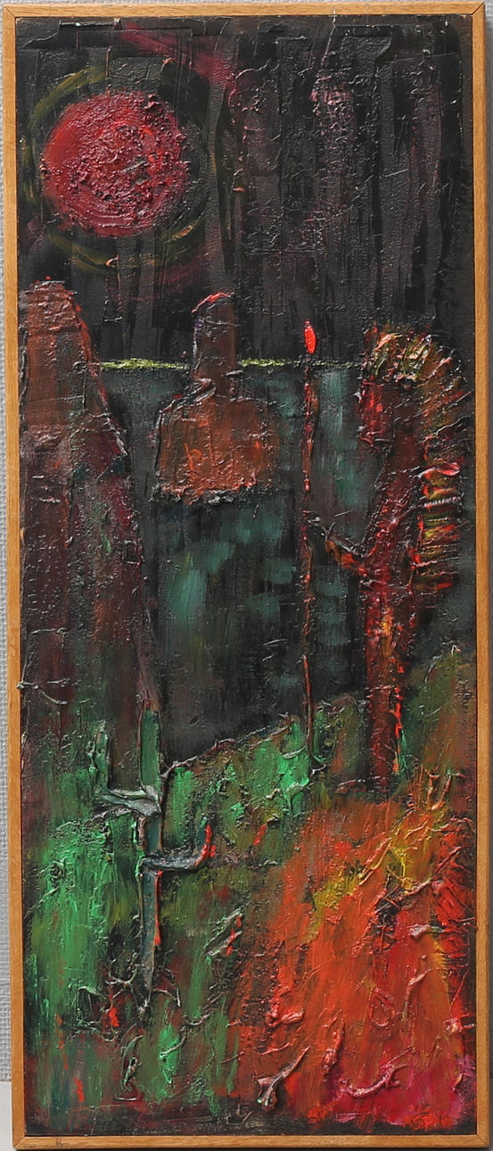 JAN-ERIK LAGERWALL. "Vid lägerelden". Olja på pannå, signerad, daterad 1968 a tergo.