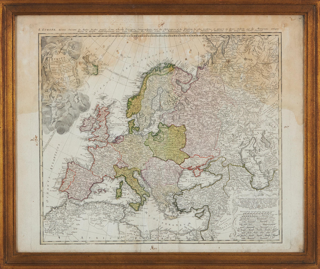 EUROPA, map, Johann Matthias Hase, 1743, partly coloured.