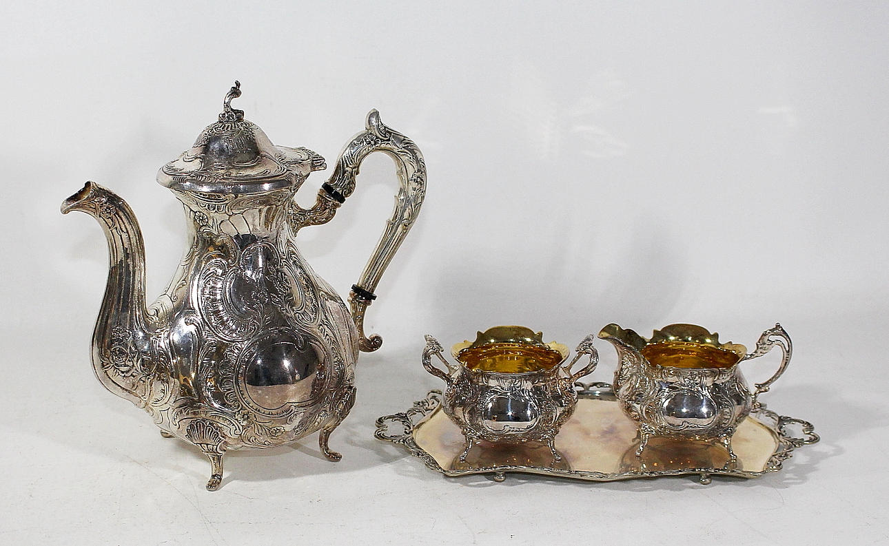 KAFFESERVIS SILVER, 4 delar, GEWE, S, M, V9, 1970/80-tal total vikt ca: 1260 gr.