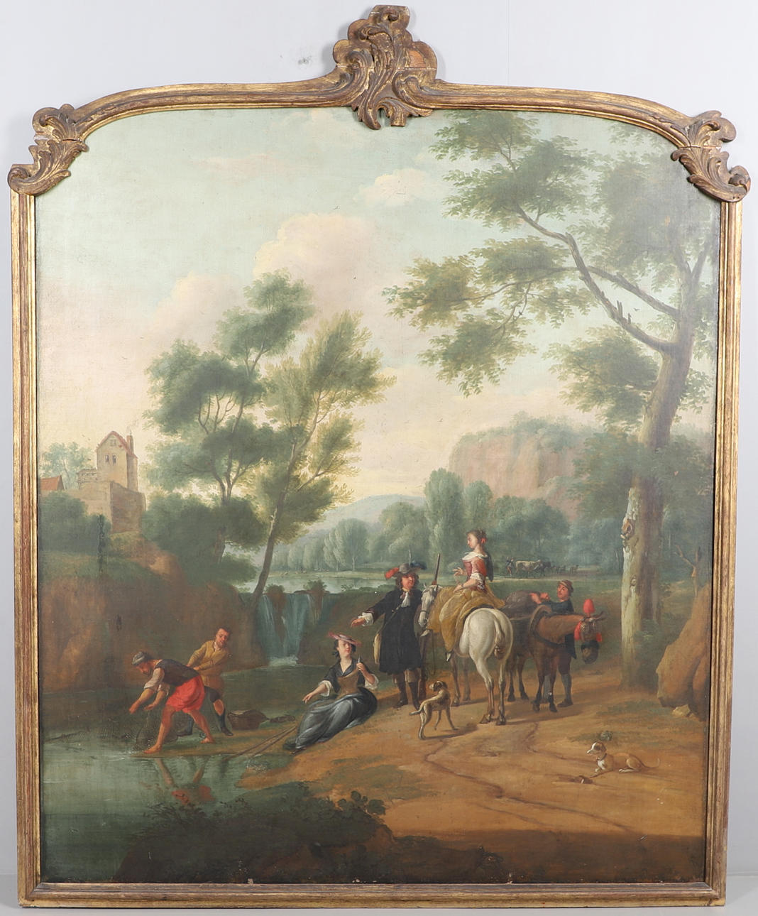 CIRCLE OF JOHN WOOTTON (1682-1764). RIVER LANDSCAPE SCENE: AN ELEGANT PARTY WITH FISHERMEN.