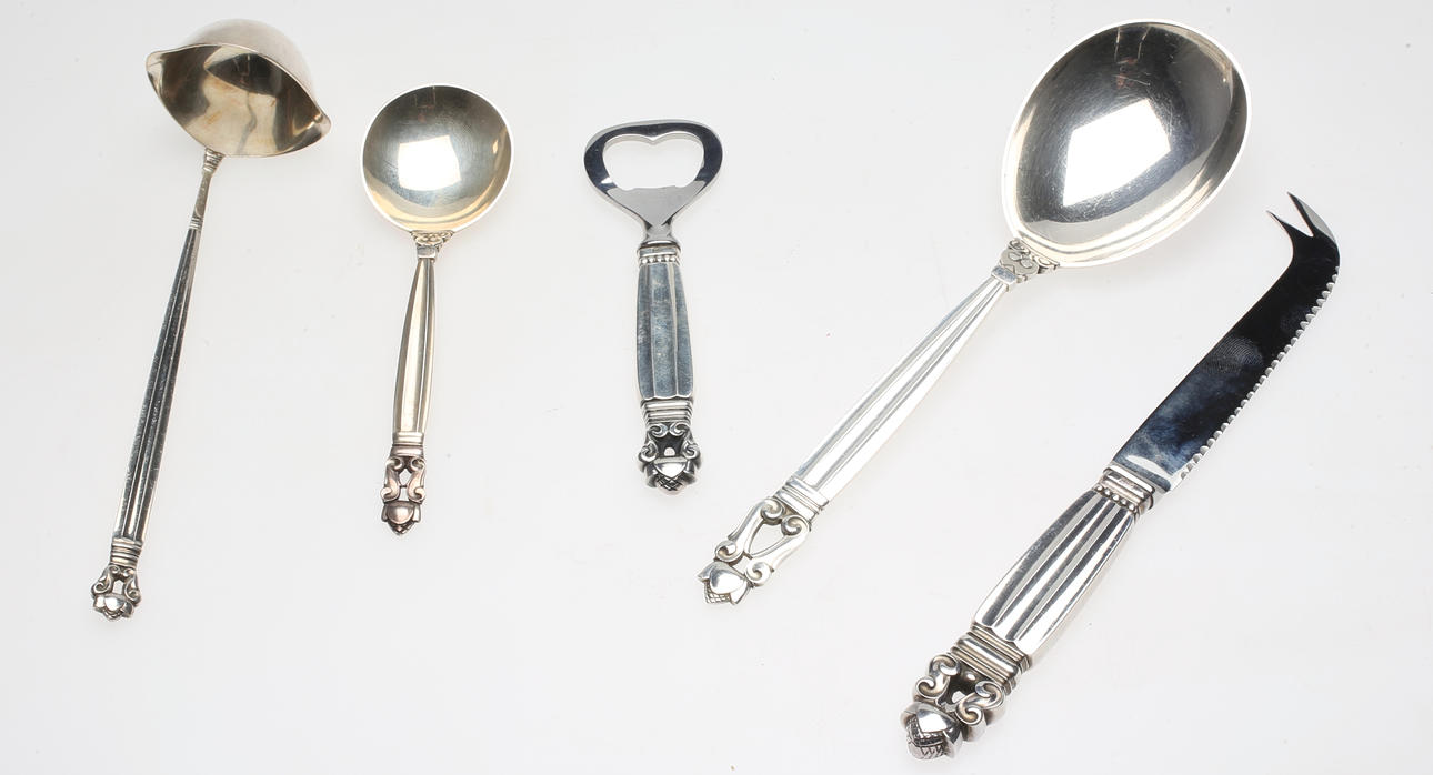 SERVERINGSBESTICK M M, 5 delar, "Konge Acorn", Johan Rohde för Georg Jensen, 1900-tal.